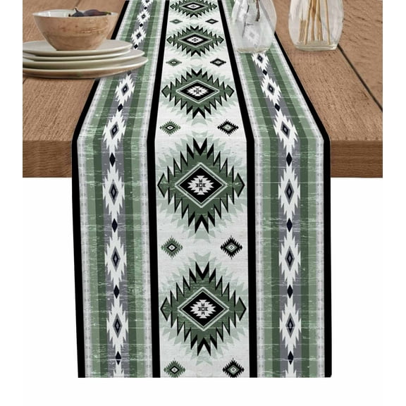 Table Runner Dresser Scarf 13 x 36 Inch Sage Green Southwestern Native Aztec Ethnic Style Geometric Table Runners Non-Slip Heat Kitchen Dining Table Decor for Indoor Outdoor Home Party Decoration
