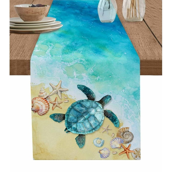 Table Runner Dresser Scarf 13 x 36 Inch Sea Turtle Summer Turquoise Ocean Watercolor Shell Conch Table Runners Non-Slip Heat Kitchen Dining Table Decor for Indoor Outdoor Home Party Decoration