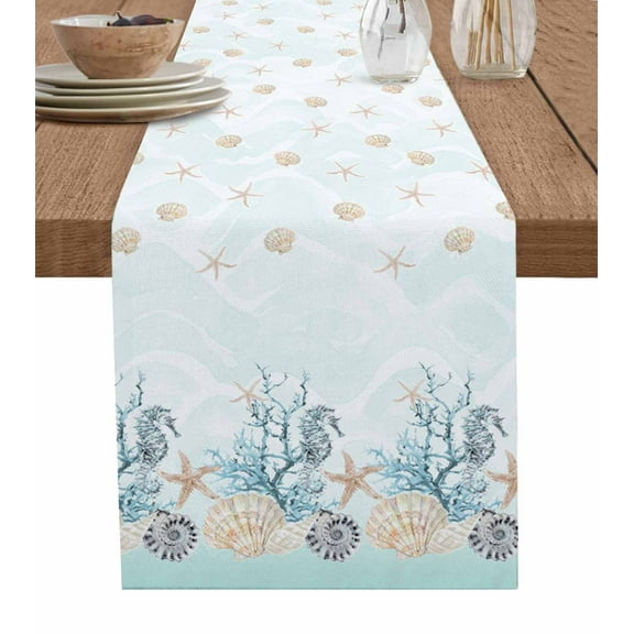 Table Runner Dresser Scarf 13 x 36 Inch Seahorse Coral Shell Starfish Ocean Wave Teal Table Runners Non-Slip Heat Kitchen Dining Table Decor for Indoor Outdoor Home Party Decoration
