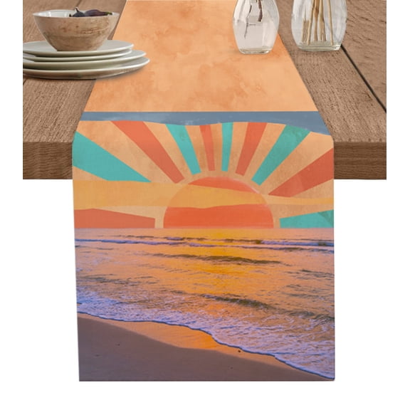 Table Runner Dresser Scarf 13 x 36 Inch Simple Illustration Hand-painted Sun Beach Sea Table Runners Non-Slip Heat Kitchen Dining Table Decor for Kitchen Farmhouse Indoor Outdoor Home Party