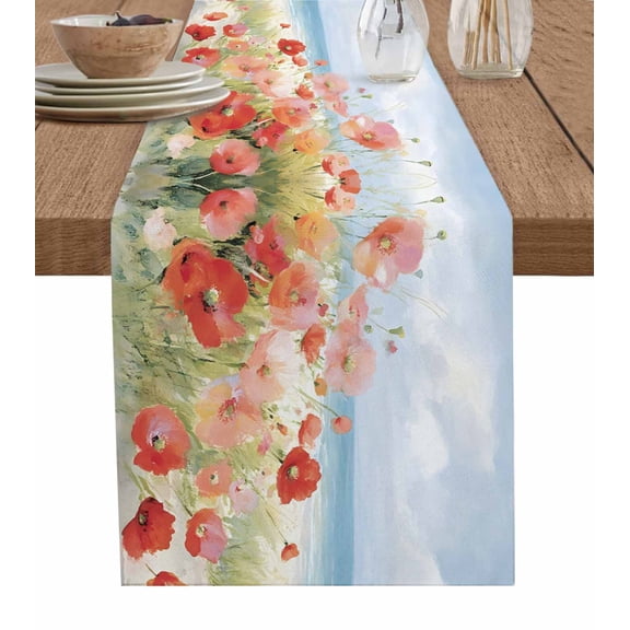 Table Runner Dresser Scarf 13 x 36 Inch Spring Floral Poppy Grass Sky Seaside Nature Landscape Table Runners Non-Slip Heat Kitchen Dining Table Decor for Indoor Outdoor Home Party Decoration