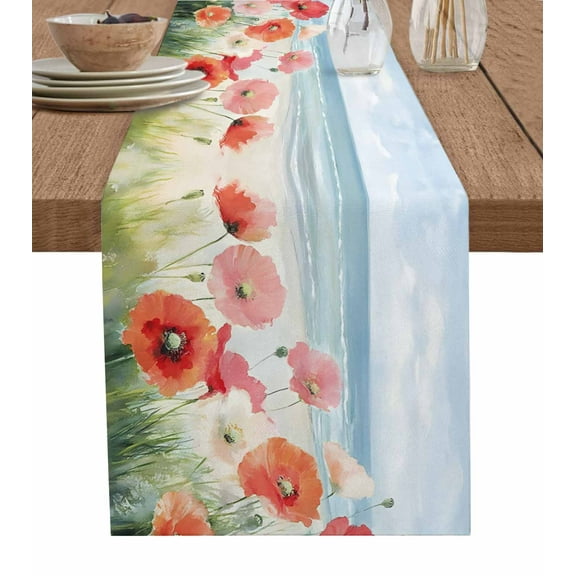 Table Runner Dresser Scarf 13 x 36 Inch Spring Floral Watercolor Illustration Poppy Grass Beach Sky Table Runners Non-Slip Heat Kitchen Dining Table Decor for Indoor Outdoor Home Party Decoration