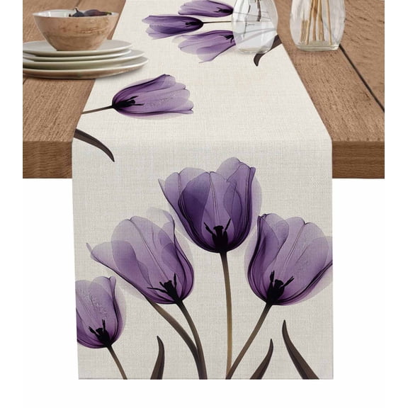 Table Runner Dresser Scarf 13 x 36 Inch Spring Purple Flowers X-ray Image of Tulips Floral Retro Table Runners Non-Slip Heat Kitchen Dining Table Decor for Indoor Outdoor Home Party Decoration