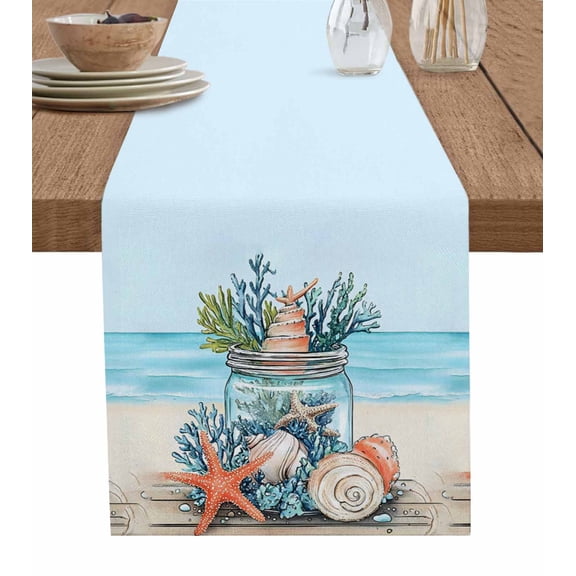 Table Runner Dresser Scarf 13 x 36 Inch Summer Coral Seashell Starfish in Glass Bottle Ocean Beach Table Runners Non-Slip Heat Kitchen Dining Table Decor for Indoor Outdoor Home Party Decoration