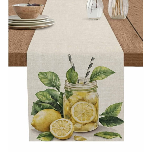 Table Runner Dresser Scarf 13 x 36 Inch Summer Retro Lemon Glass Leaves Farmhouse Table Runners Non-Slip Heat Kitchen Dining Table Decor for Indoor Outdoor Home Party Decoration