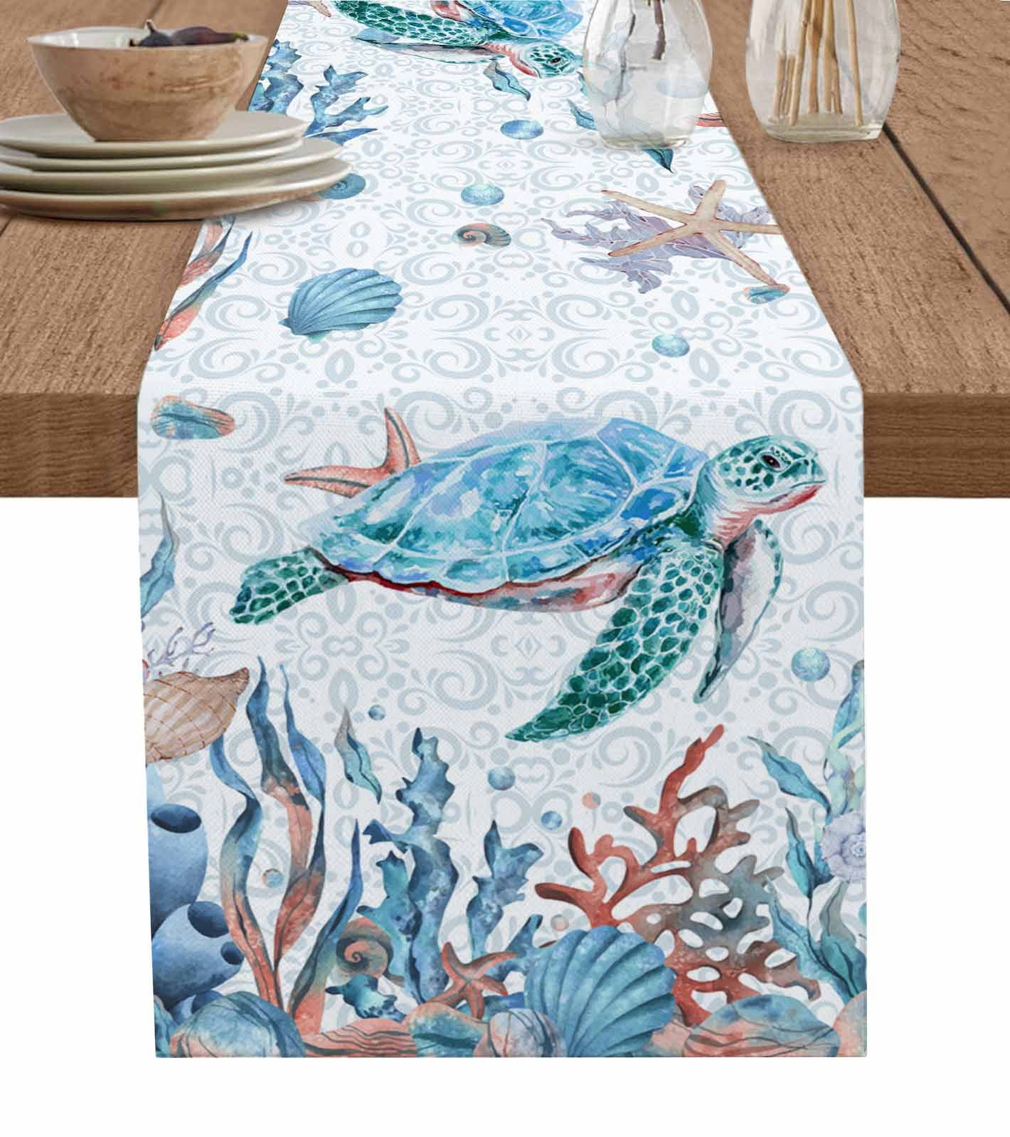 Table Runner Dresser Scarf 13 x 36 Inch Summer Turtle Seashell Coral Starfish Seaweed Colorful Ocean Table Runners Non-Slip Heat Kitchen Dining Table Decor for Indoor Outdoor Home Party Decoration