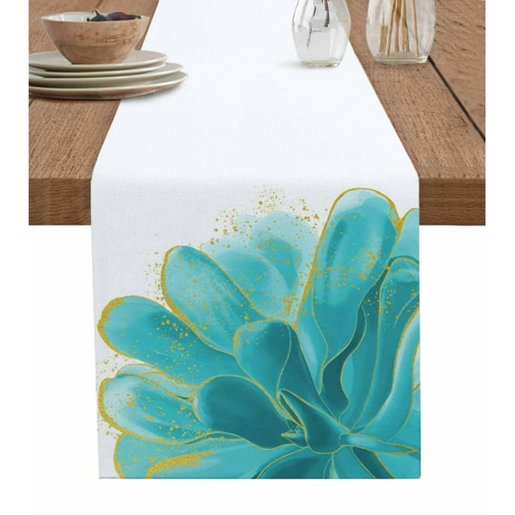 Table Runner Dresser Scarf 13 x 36 Inch Teal Gold Flower Green Gradient Vintage Abstract Line Table Runners Non-Slip Heat Kitchen Dining Table Decor for Indoor Outdoor Home Party Decoration