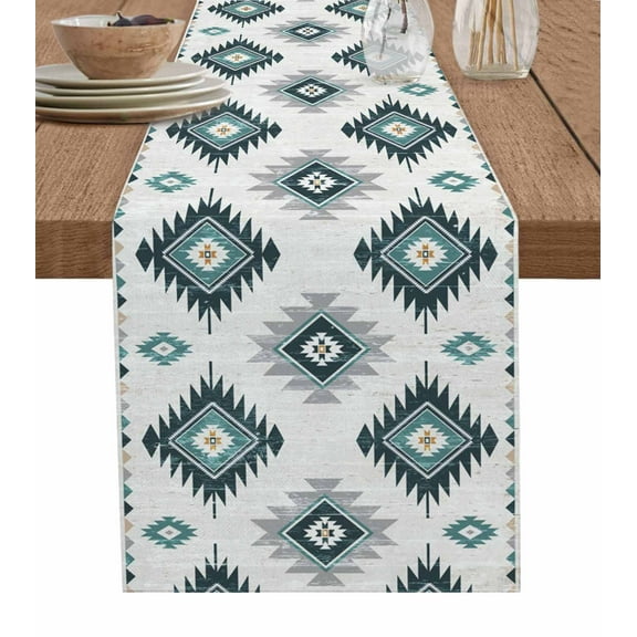 Table Runner Dresser Scarf 13 x 36 Inch Teal Grey Aztec Ethnic Southwestern Native Geometric Table Runners Non-Slip Heat Kitchen Dining Table Decor for Indoor Outdoor Home Party Decoration