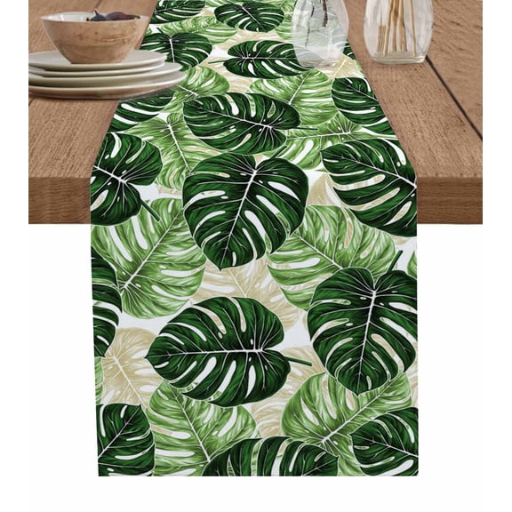 Table Runner Dresser Scarf 13 x 36 Inch Tropical Plant Green Palm Leaf Country Texture Table Runners Non-Slip Heat Kitchen Dining Table Decor for Indoor Outdoor Home Party Decoration