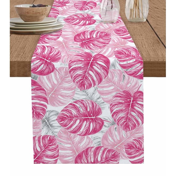 Table Runner Dresser Scarf 13 x 36 Inch Tropical Plant Pink Palm Leaf Country Texture Table Runners Non-Slip Heat Kitchen Dining Table Decor for Indoor Outdoor Home Party Decoration