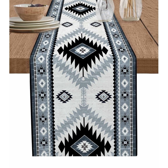Table Runner Dresser Scarf 13 x 36 Inch Vintage Aztec Ethnic Tribal Style Blue Grey Mottled Geometric Table Runners Non-Slip Heat Kitchen Dining Table Decor for Indoor Outdoor Home Party Decoration