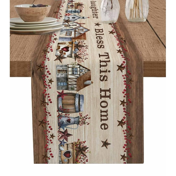 Table Runner Dresser Scarf 13 x 48 Inch Bless This Home Farmhouse Country Star Barn Retro Wood Grain Table Runners Non-Slip Heat Kitchen Dining Table Decor for Indoor Outdoor Home Party Decoration