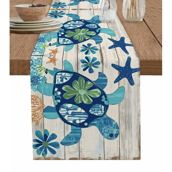 Table Runner Dresser Scarf 13 x 48 Inch Ocean Turtle Sea Animals Rustic Wooden Board Table Runners Non-Slip Heat Kitchen Dining Table Decor for Indoor Outdoor Home Party Decoration