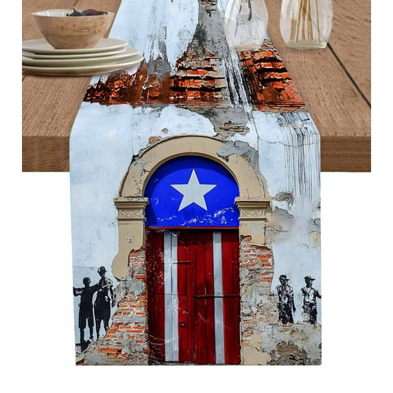 Table Runner Dresser Scarf 13 x 48 Inch Puerto Rico Flag Country Rustic Shabby Door Wall Graffiti Table Runners Non-Slip Heat Kitchen Dining Table Decor for Indoor Outdoor Home Party Decoration