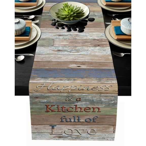 Table Runner Dresser Scarf 13 x 48 Inch Rustic Wooden Grain Quotes"Happiness is A Kitchen Full of Love" Table Runners Non-Slip Heat Kitchen Dining Table Decor for Indoor Outdoor Home Party Decoration