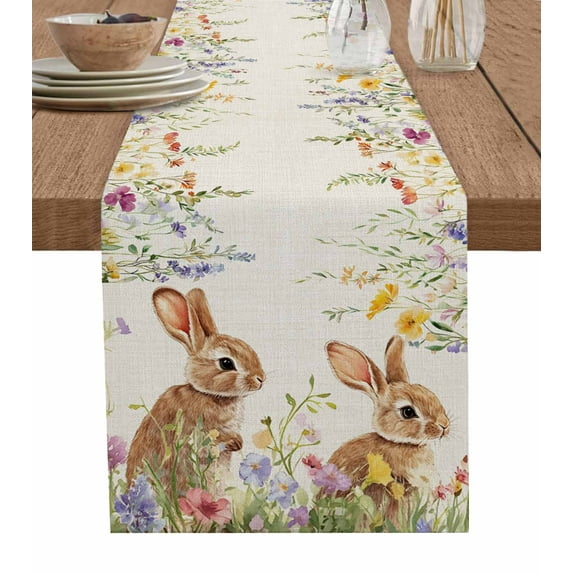 Table Runner Dresser Scarf 13 x 48 Inch Spring Easter Bunny Rabbits Wildflowers Flowers Leaves Retro Table Runners Non-Slip Heat Kitchen Dining Table Decor for Indoor Outdoor Home Party Decoration