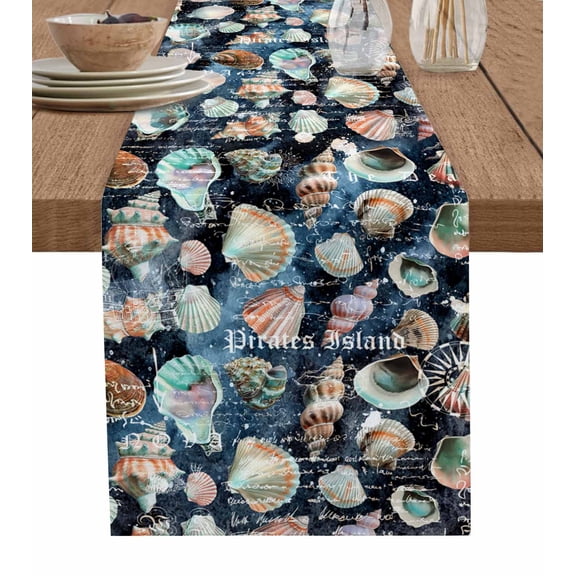 Table Runner Dresser Scarf 13 x 48 Inch Summer Watercolor Ocean Seashell Blue Texture Table Runners Non-Slip Heat Kitchen Dining Table Decor for Indoor Outdoor Home Party Decoration