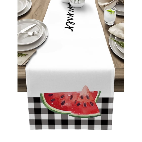 Table Runner Dresser Scarf 13 x 48 Inch Summer Watermelon Fruit Black and White Buffalo Plaid Table Runners Non-Slip Heat Kitchen Dining Table Decor for Indoor Outdoor Home Party Decoration