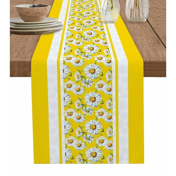 Table Runner Dresser Scarf 13 x 60 Inch Country Daisy Yellow White Stripes Floral Watercolor Texture Table Runners Non-Slip Heat Kitchen Dining Table Decor for Indoor Outdoor Home Party Decoration