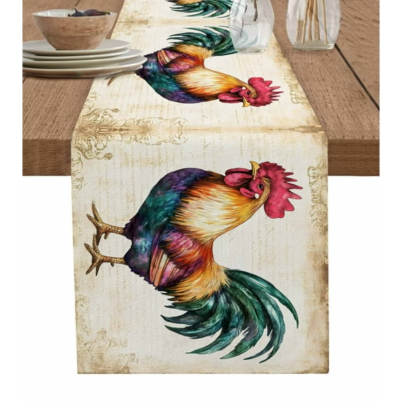 Table Runner Dresser Scarf 13 x 60 Inch Farmhouse Rooster Vintage Farm Chicken Rustic Tecture Table Runners Non-Slip Heat Kitchen Dining Table Decor for Indoor Outdoor Home Party Decoration
