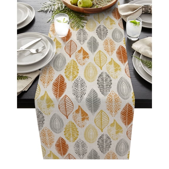 Table Runner Dresser Scarf 13 x 60 Inch Leaves Specimens Grey Yellow Orange Burlap Background Table Runners Non-Slip Heat Kitchen Dining Table Decor for Indoor Outdoor Home Party Decoration