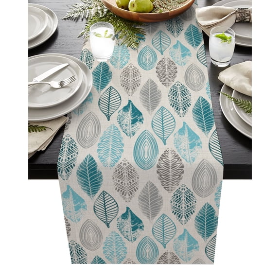 Table Runner Dresser Scarf 13 x 60 Inch Leaves Specimens Teal Green Grey Burlap Background Table Runners Non-Slip Heat Kitchen Dining Table Decor for Indoor Outdoor Home Party Decoration
