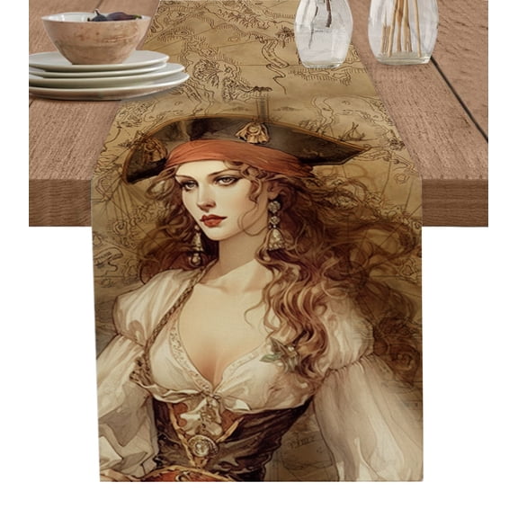 Table Runner Dresser Scarf 13 x 60 Inch Pirate Girl Treasure Route Map Table Runners Non-Slip Heat Kitchen Dining Table Decor for Kitchen Farmhouse Indoor Outdoor Home Party