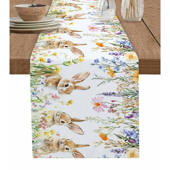 Table Runner Dresser Scarf 13 x 60 Inch Spring Easter Bunny Cute Rabbits Wildflower Flower Garden Table Runners Non-Slip Heat Kitchen Dining Table Decor for Indoor Outdoor Home Party Decoration