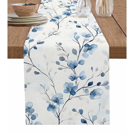 Table Runner Dresser Scarf 13 x 60 Inch Spring Lake Blue Flower Floral Eucalyptus Leaves Vintage Table Runners Non-Slip Heat Kitchen Dining Table Decor for Indoor Outdoor Home Party Decoration