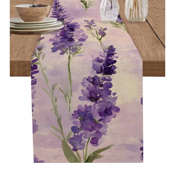 Table Runner Dresser Scarf 13 x 60 Inch Spring Lavender Flower Leaf Purple Floral Retro Table Runners Non-Slip Heat Kitchen Dining Table Decor for Indoor Outdoor Home Party Decoration
