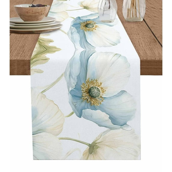 Table Runner Dresser Scarf 13 x 60 Inch Spring Plants Watercolor Blue White Poppy Flower Leaves Table Runners Non-Slip Heat Kitchen Dining Table Decor for Indoor Outdoor Home Party Decoration