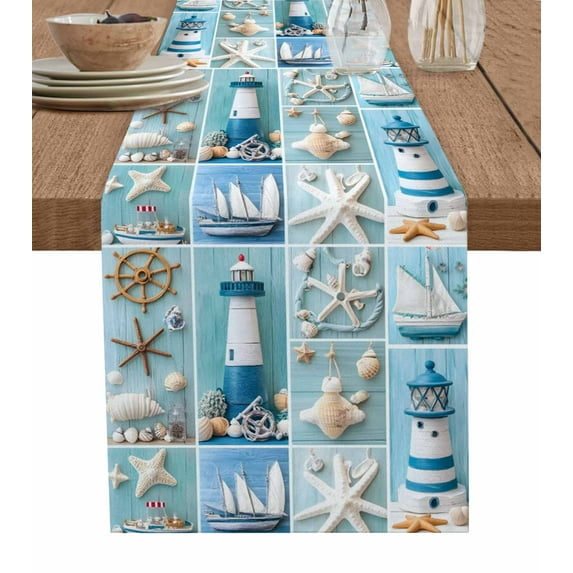 Table Runner Dresser Scarf 13 x 70 Inch Blue Ocean Theme Lighthouse Sailboat Shell Wood Grain Patchwork Table Runners Non-Slip Heat Kitchen Dining Table Decor for Indoor Outdoor Home Party Decoration