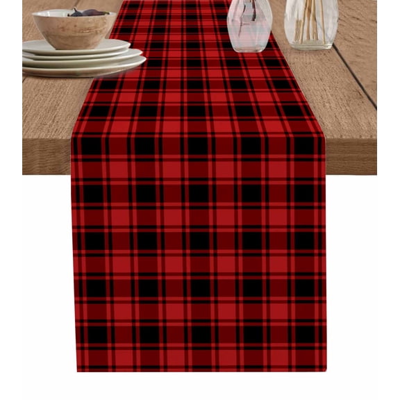 Table Runner Dresser Scarf 13 x 70 Inch Checkered Art Classic Red Black Plaid Decor Table Runners Non-Slip Heat Kitchen Dining Table Decor for Indoor Outdoor Home Party Decoration
