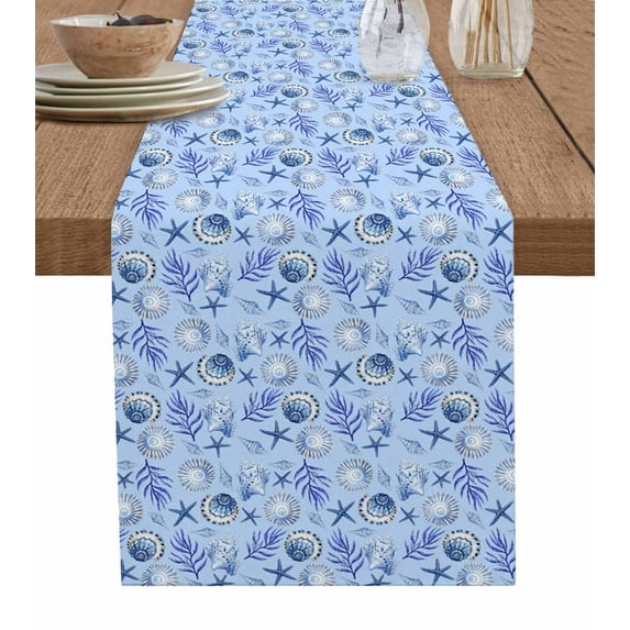 Table Runner Dresser Scarf 13 x 70 Inch Classic Summer Blue Coral Shell Starfish Table Runners Non-Slip Heat Kitchen Dining Table Decor for Indoor Outdoor Home Party Decoration