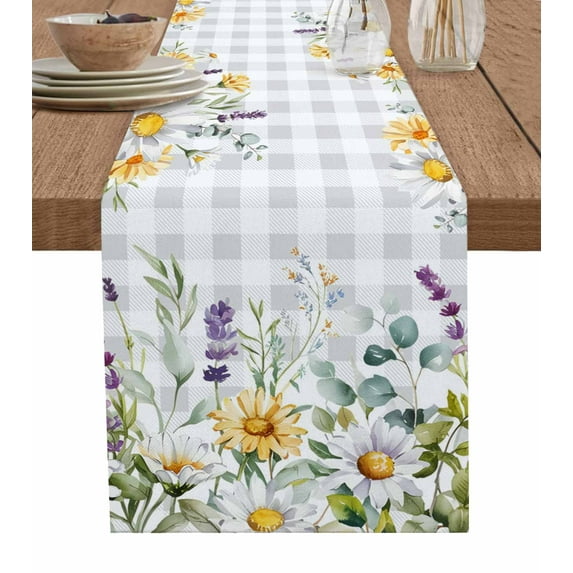 Table Runner Dresser Scarf 13 x 70 Inch Country Daisy Wildflowers Leaves Farm Plant Grey Plaid Table Runners Non-Slip Heat Kitchen Dining Table Decor for Indoor Outdoor Home Party Decoration