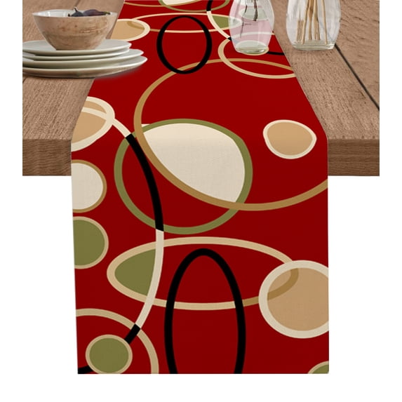 Table Runner Dresser Scarf 13 x 70 Inch Geometric Red and Brown Round Line Red Texture Table Runners Non-Slip Heat Kitchen Dining Table Decor for Kitchen Farmhouse Indoor Outdoor Home Party