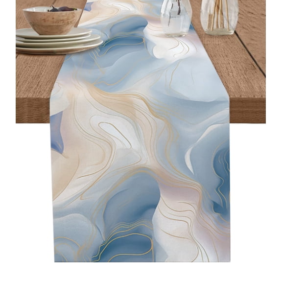 Table Runner Dresser Scarf 13 x 70 Inch Marble with Gold Lines Pink Blue Gradient Texture Table Runners Non-Slip Heat Kitchen Dining Table Decor for Kitchen Farmhouse Indoor Outdoor Home Party
