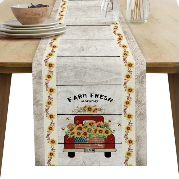 Table Runner Dresser Scarf 13 x 70 Inch Red Truck Sunflower Vintage Wood Grain Sunflower Table Runners Non-Slip Heat Kitchen Dining Table Decor for Indoor Outdoor Home Party Decoration