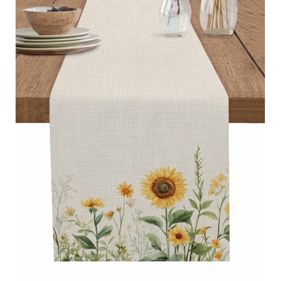 Table Runner Dresser Scarf 13 x 70 Inch Spring Sunflower Yellow Flower Linen Background Table Runners Non-Slip Heat Kitchen Dining Table Decor for Indoor Outdoor Home Party Decoration
