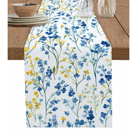 Table Runner Dresser Scarf 13 x 70 Inch Spring Watercolor Blue and Yellow Flower Floral Rustic Table Runners Non-Slip Heat Kitchen Dining Table Decor for Indoor Outdoor Home Party Decoration