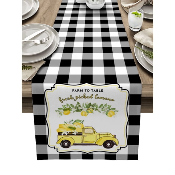 Table Runner Dresser Scarf 13 x 70 Inch Summer Lemon on Truck Black and White Check Plaid Table Runners Non-Slip Heat Kitchen Dining Table Decor for Indoor Outdoor Home Party Decoration