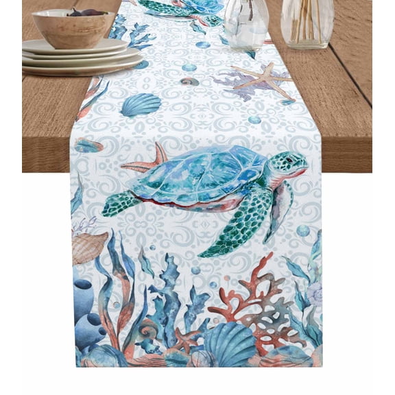 Table Runner Dresser Scarf 13 x 70 Inch Summer Turtle Seashell Coral Starfish Seaweed Colorful Ocean Table Runners Non-Slip Heat Kitchen Dining Table Decor for Indoor Outdoor Home Party Decoration