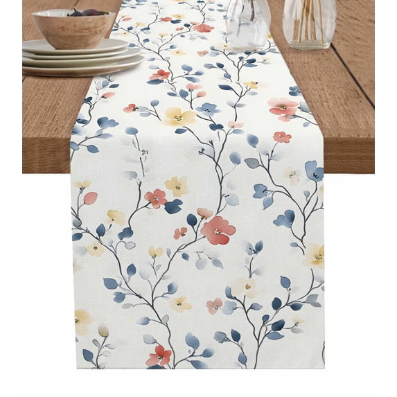 Table Runner Dresser Scarf 13 x 70 Inch Watercolor Red Flower Blue Leaves Vintage Spring Plant Beige Table Runners Non-Slip Heat Kitchen Dining Table Decor for Indoor Outdoor Home Party Decoration