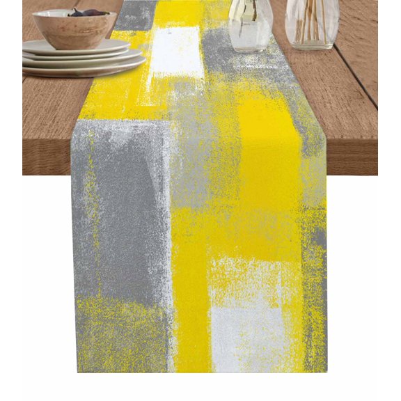 Table Runner Dresser Scarf 13 x 70 Inch Yellow Grey Abstract Art Vintage Rustic Color Block Table Runners Non-Slip Heat Kitchen Dining Table Decor for Indoor Outdoor Home Party Decoration