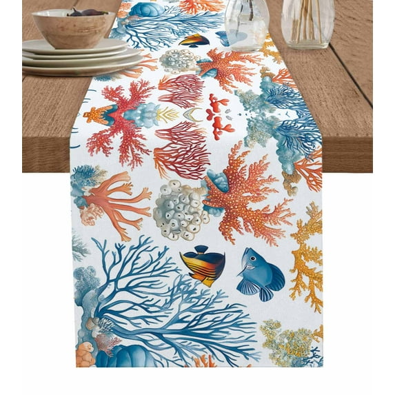 Table Runner Dresser Scarf 13 x 72 Inch Colorful Coral Watercolor Fish Ocean Starfish Shell Table Runners Non-Slip Heat Kitchen Dining Table Decor for Indoor Outdoor Home Party Decoration