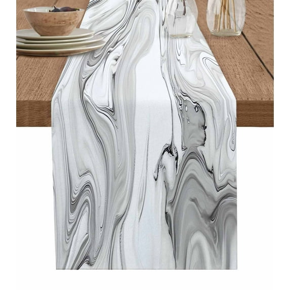 Table Runner Dresser Scarf 13 x 72 Inch Gray Marble Abstract Stone Texture Swirls Ink Table Runners Non-Slip Heat Kitchen Dining Table Decor for Indoor Outdoor Home Party Decoration