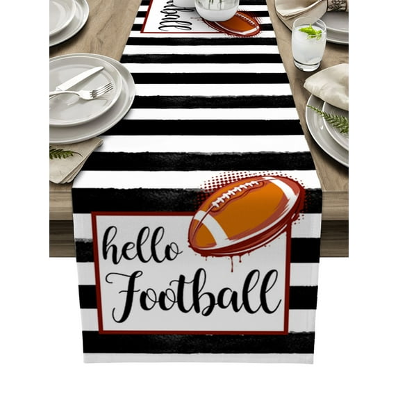Table Runner Dresser Scarf 13 x 72 Inch Hello Football Black and White Stripes Table Runners Non-Slip Heat Kitchen Dining Table Decor for Kitchen Farmhouse Indoor Outdoor Home Party