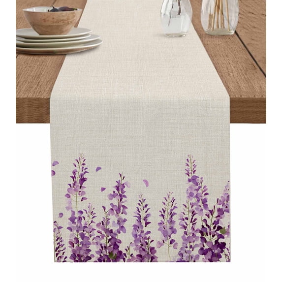 Table Runner Dresser Scarf 13 x 72 Inch Purple Hanging Flowers Spring Lavender Floral Beige Linen Table Runners Non-Slip Heat Kitchen Dining Table Decor for Indoor Outdoor Home Party Decoration