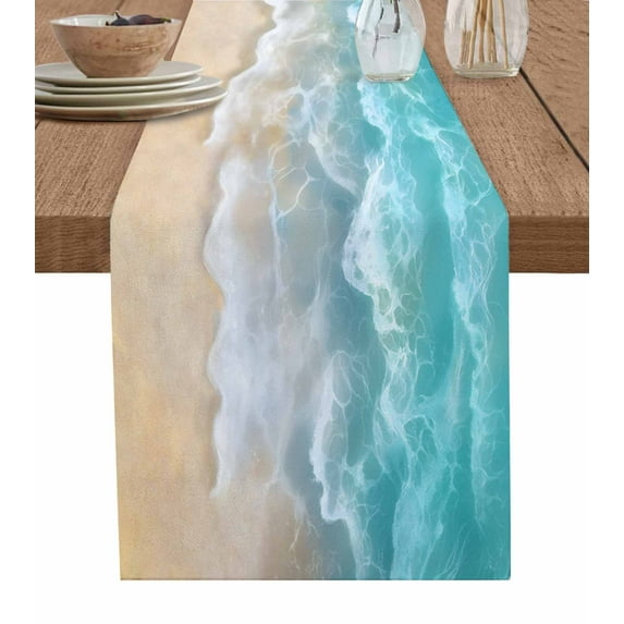 Table Runner Dresser Scarf 13 x 72 Inch Summer Coastal Teal Beach Ocean Wave Table Runners Non-Slip Heat Kitchen Dining Table Decor for Indoor Outdoor Home Party Decoration
