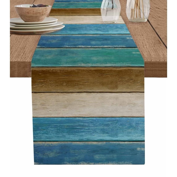 Table Runner Dresser Scarf 13 x 72 Inch Teal Blue Brown Wooden Board Gradient Farmhouse Country Table Runners Non-Slip Heat Kitchen Dining Table Decor for Indoor Outdoor Home Party Decoration